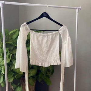 BOOHOO Woven Shirred Flared Sleeve Off The Shoulder Top